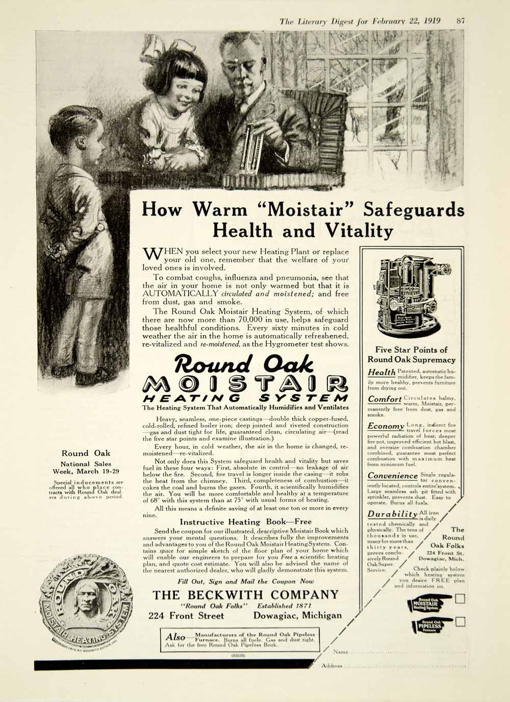 1919 Ad Beckwith 224 Front St Dowagiac MI Round Oak Moistair Heating System YLD2