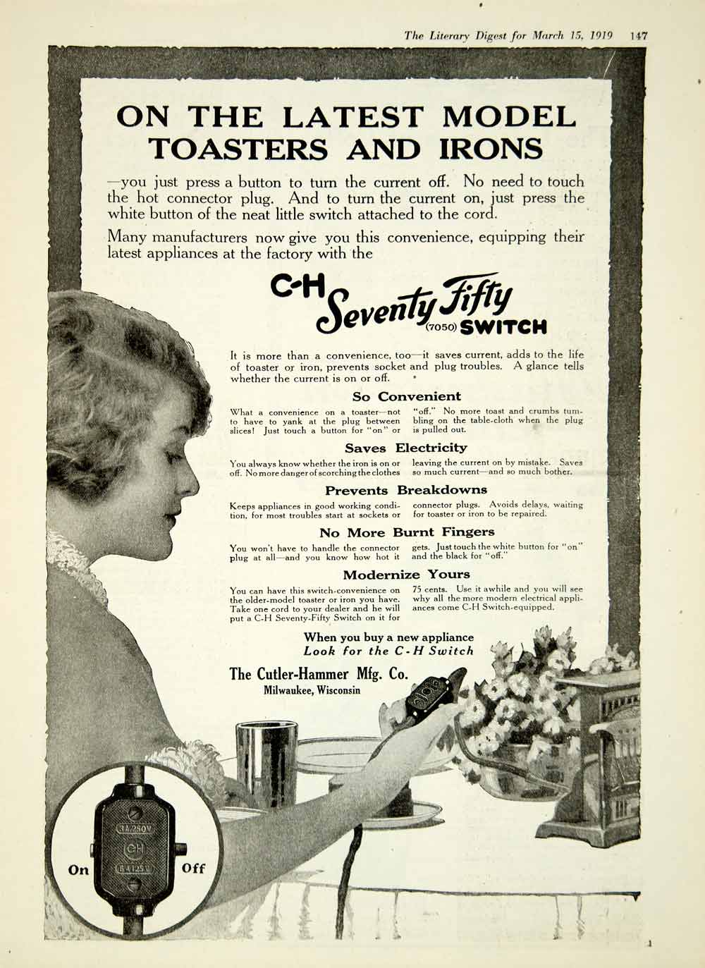 1919 Ad Seventy Fifty Switch Toaster Home Appliance Cutler Hammer Milwaukee YLD2