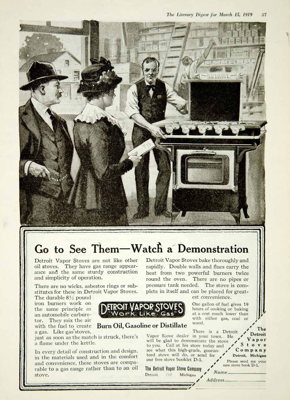 1919 Ad Detroit Vapor Stove MI Household Kitchen Appliance Oil Gas Range YLD2