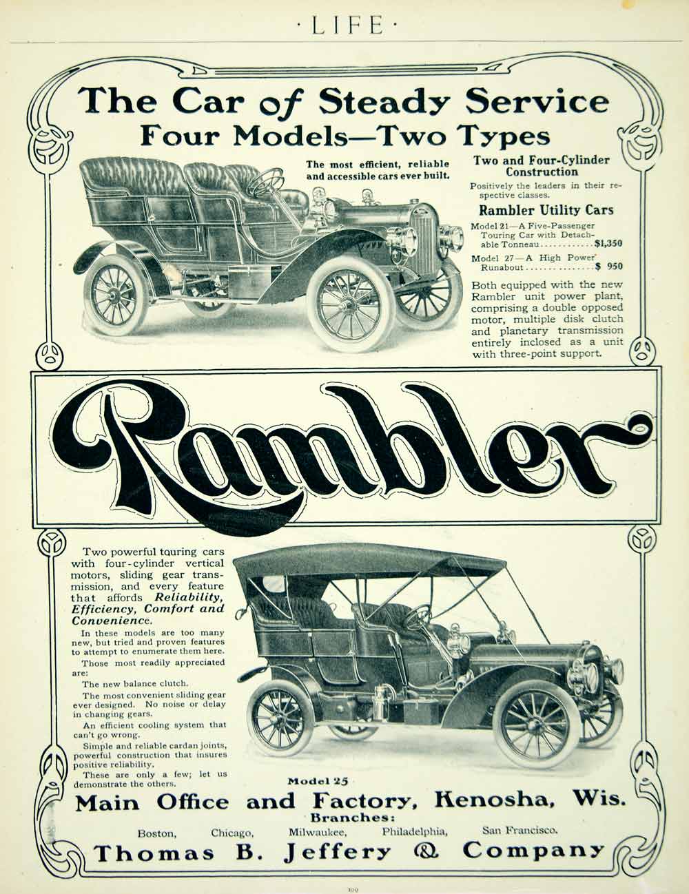 1907 Ad Vintage Rambler Automobile Model 21 27 25 Runabout Touring Car YLF2