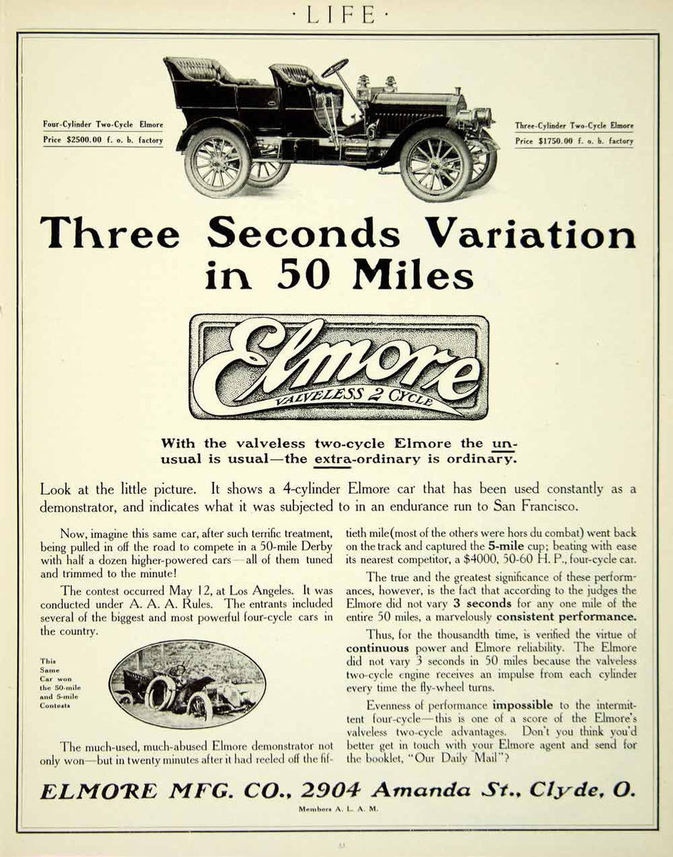 1907 Ad Vintage Elmore Automobile Valveless 2 Cycle Performance Endura