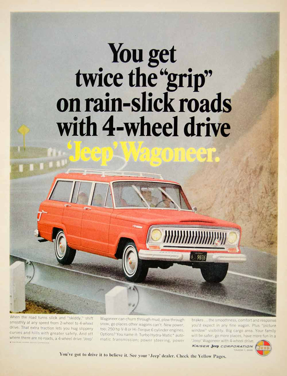 1966 Ad Vintage Jeep Wagoneer Station Wagon Car Rain Slick-Road