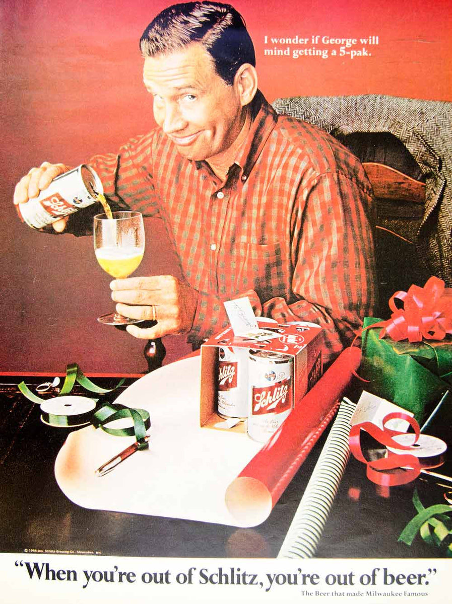 1966 Ad Vintage Schlitz Beer Brewing Six Pack Cans Christmas Gift