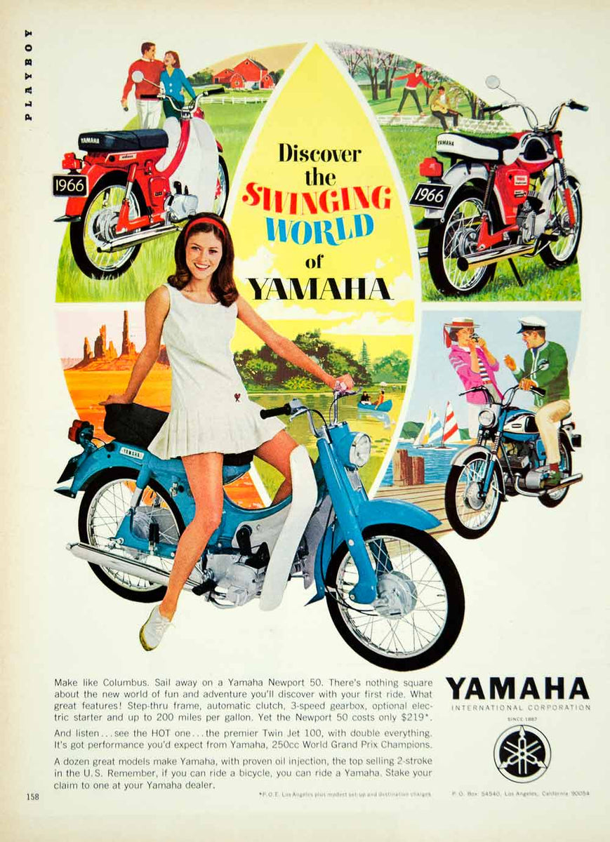 1966 Ad Vintage Yamaha Motorcycle Blue Red Newport 50 Twin Jet 100