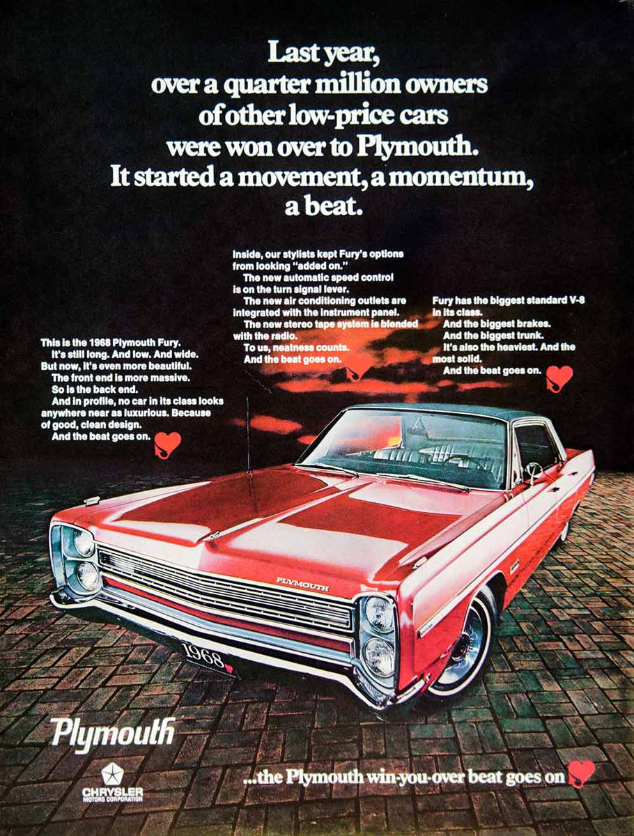 1967 Ad Vintage 1968 Chrysler Plymouth Fury Red Sedan Car V-8 Auto
