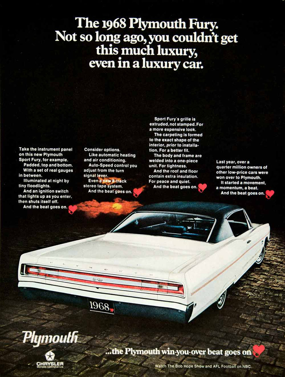 1968 Ad Vintage Chrysler Plymouth Fury White Luxury Automobile Car