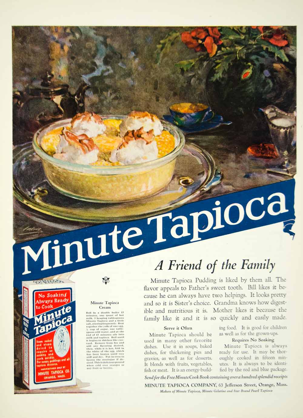 1922 Ad Vintage Minute Tapioca Pudding Cream Recipe Food Orange YMP3