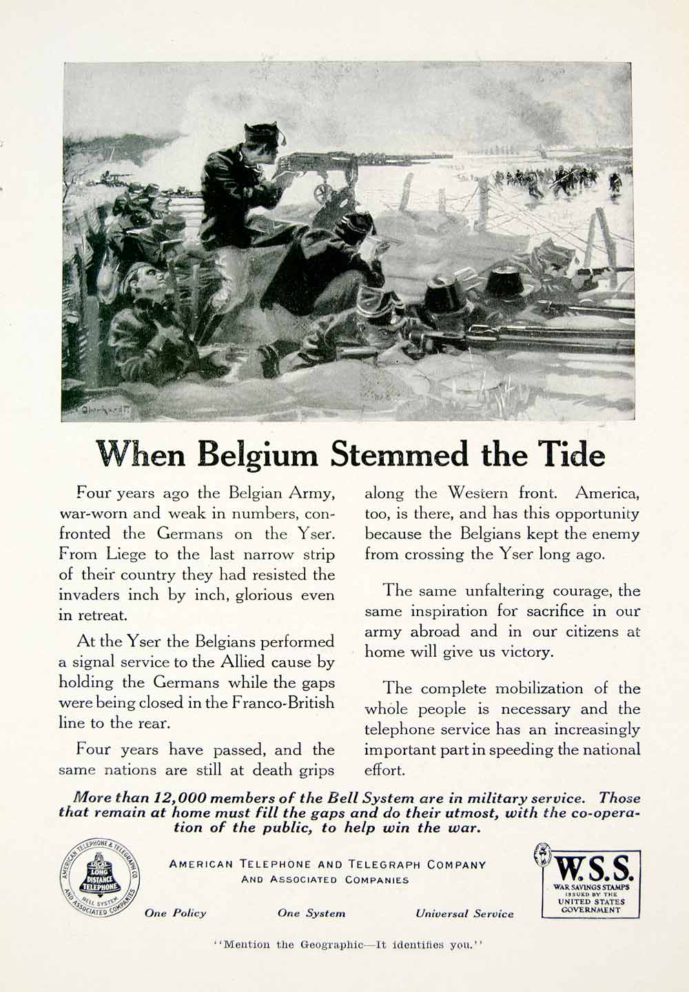 1918 Ad WWI AT&T Western Front Belgian Army World War I Battle Machine Gun YNG3