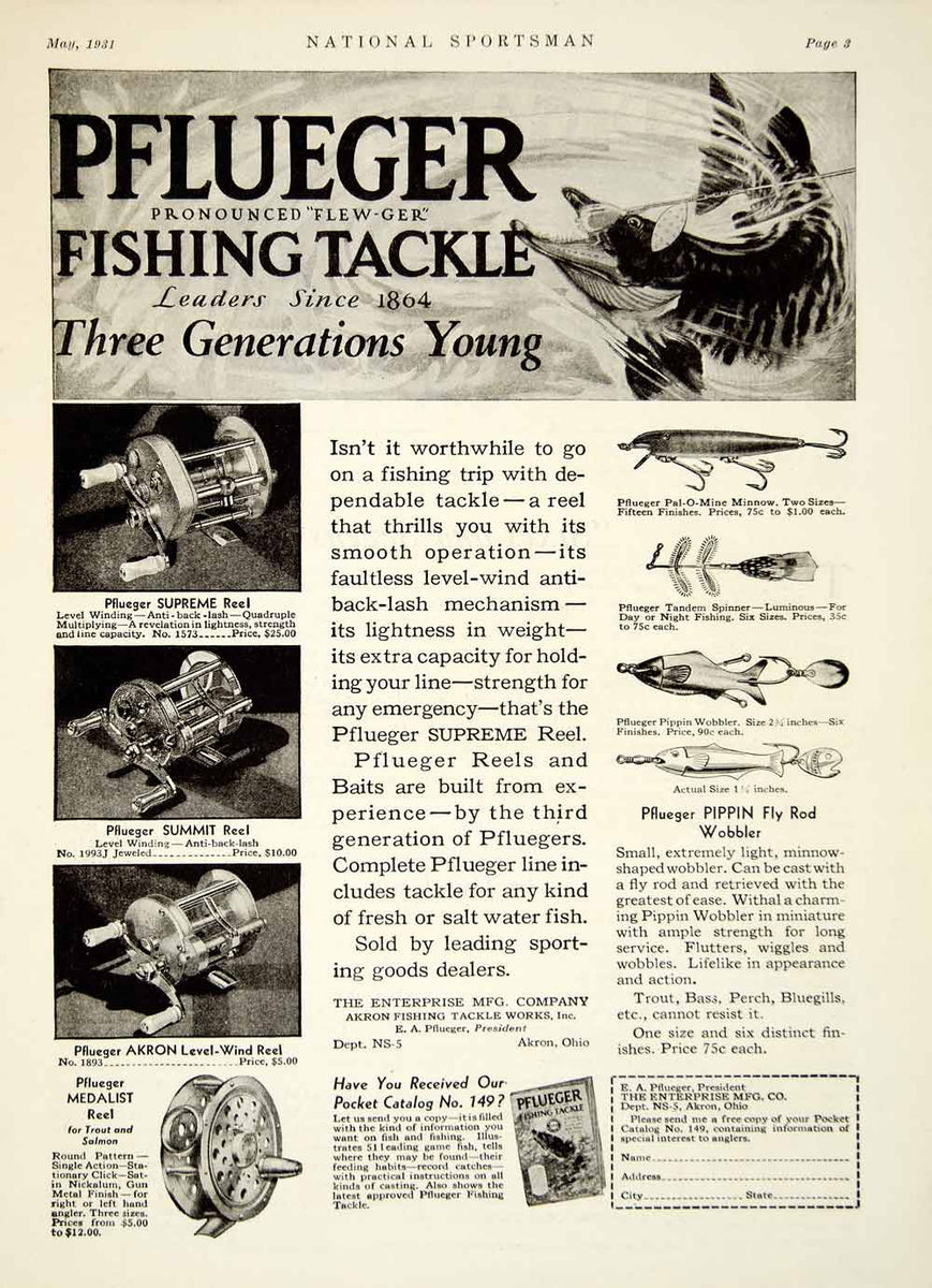 1931 Ad Pflueger Fishing Tackle Supreme Reel Tandem Spinner Lure Fly R