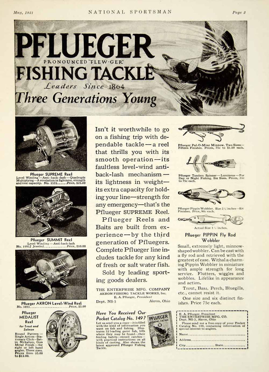 antique pflueger supreme fishing reels 1931 Ad Pflueger Fishing Tackle Supreme Reel Tandem Spinner Lure Fly R – Period Paper Historic Art LLC