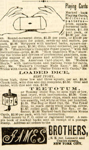 1886 Ad Gambling Marked Cards Loaded Dice Teetotum Spinning Top Ames Bros. YNY1