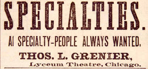 1886 Ad Antique Lyceum Theatre Chicago Vaudeville Variety Thomas L. Grenier YNY1