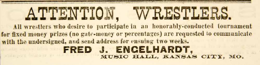 1886 Ad Fred J. Engelhardt Wrestling Promoter Tournament Kansas City MO YNY1