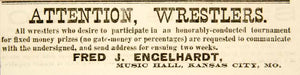 1886 Ad Fred J. Engelhardt Wrestling Promoter Tournament Kansas City MO YNY1