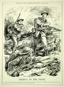 1918 Engraving WWI Cartoon PUNCH American Soldier Allies Battle Front Raven-Hill