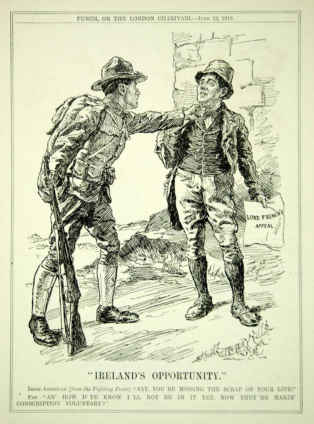 1918 Engraving WWI Cartoon PUNCH American Soldier Ireland Conscription Crisis