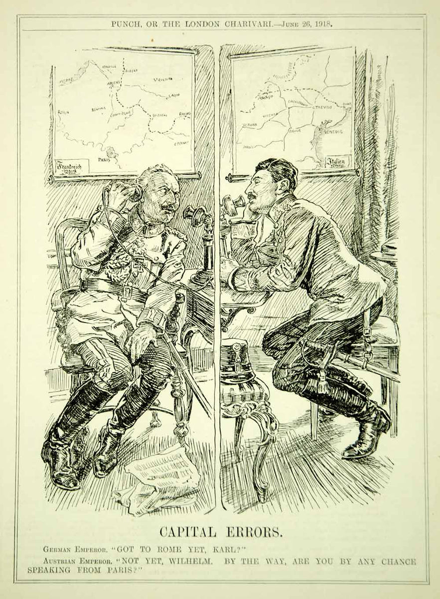 1918 Engraving WWI Political Cartoon PUNCH Kaiser Wilhelm II Charles I