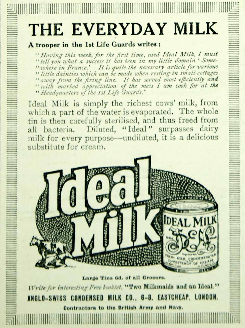 1915 Ad Vintage Ideal Condensed Milk Tinned Food Eastcheap London WWI Era Advert