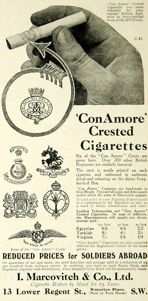 marcovitch cigarettes 1916 Ad Vintage WWI Con Amore Crested Cigarettes British Regiments I