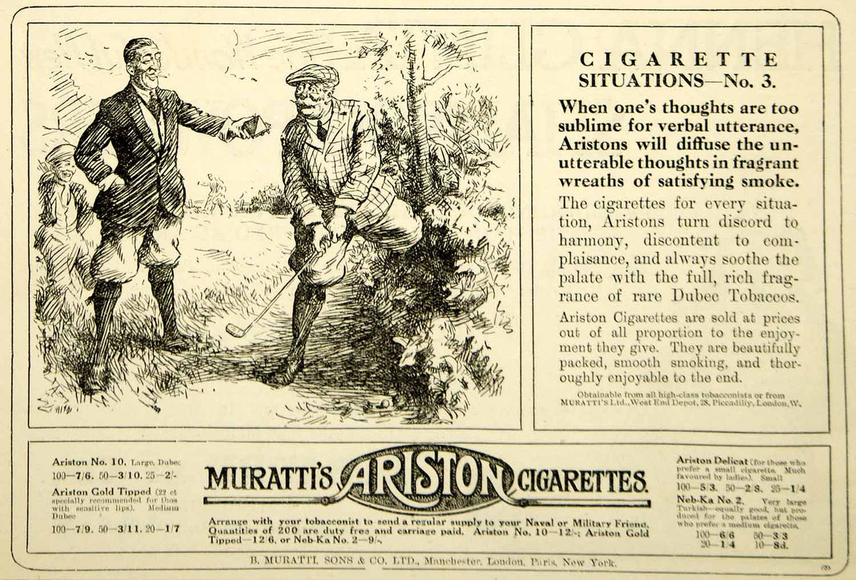 1916 Ad Vintage Muratti's Ariston Cigarettes British Smoking Golfers G –  Period Paper Historic Art LLC