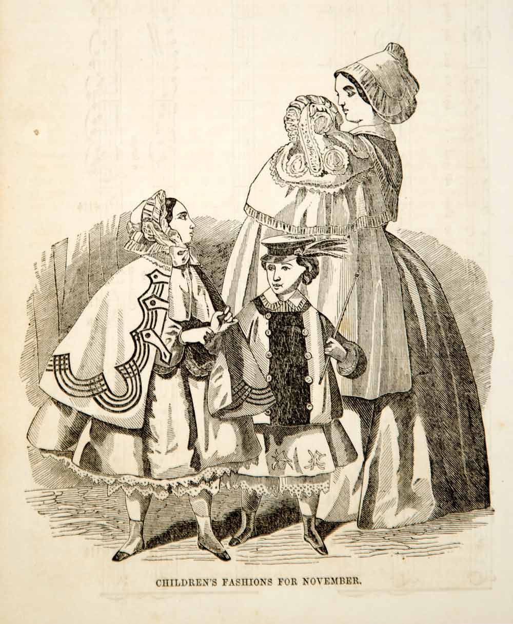 1856 Wood Engraving Antique Victorian Fashion Clothing Children Baby Dress YPM2
