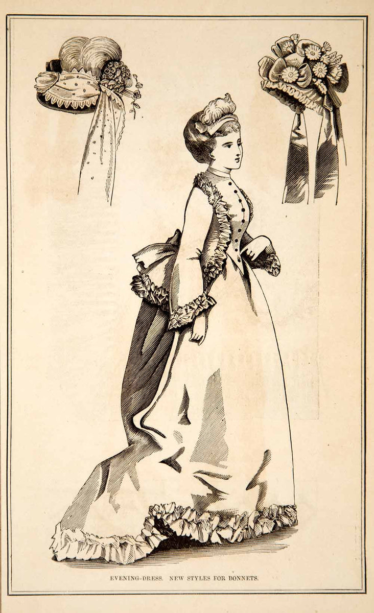 1870 Wood Engraving Victorian Lady Evening Dress Bonnet Hat Costume Fa