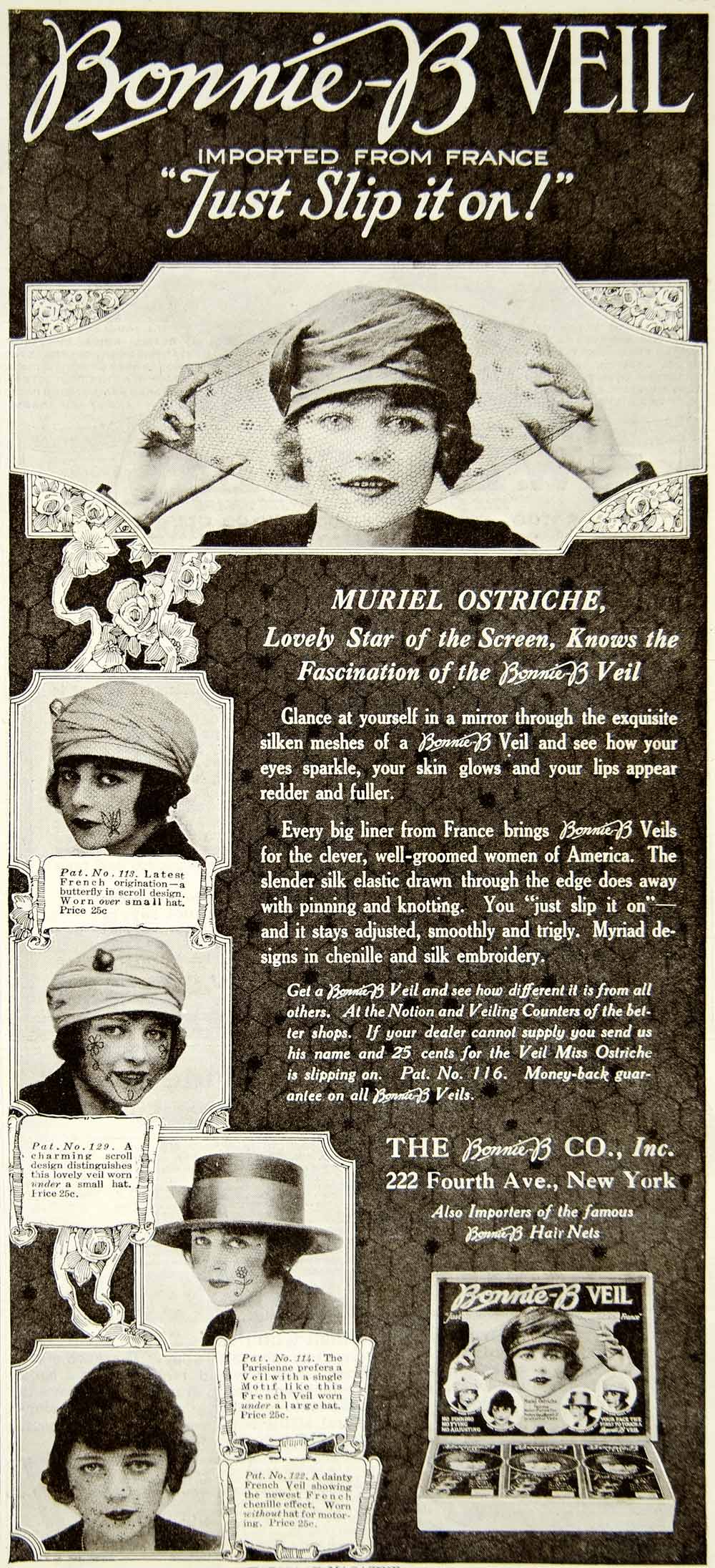 1920 Ad Bonnie-B Hat Face Veil Muriel Ostriche Silent Film Actress Fashion YPP1