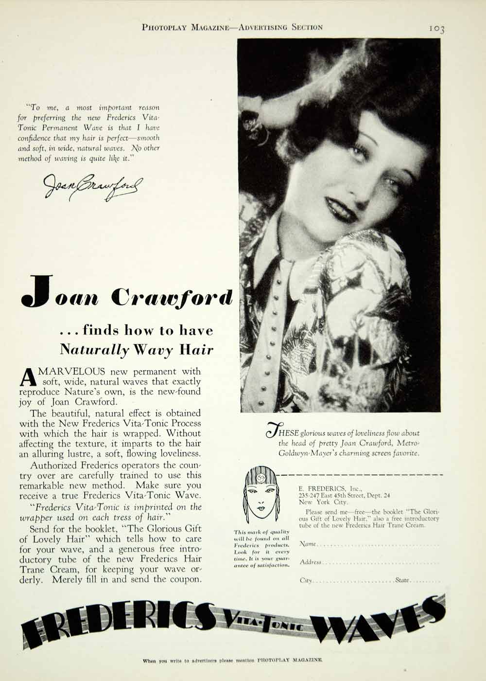 1929 Ad Vintage Frederics Vita Tonic Permanent Wave Hair Care Joan Crawford YPP3
