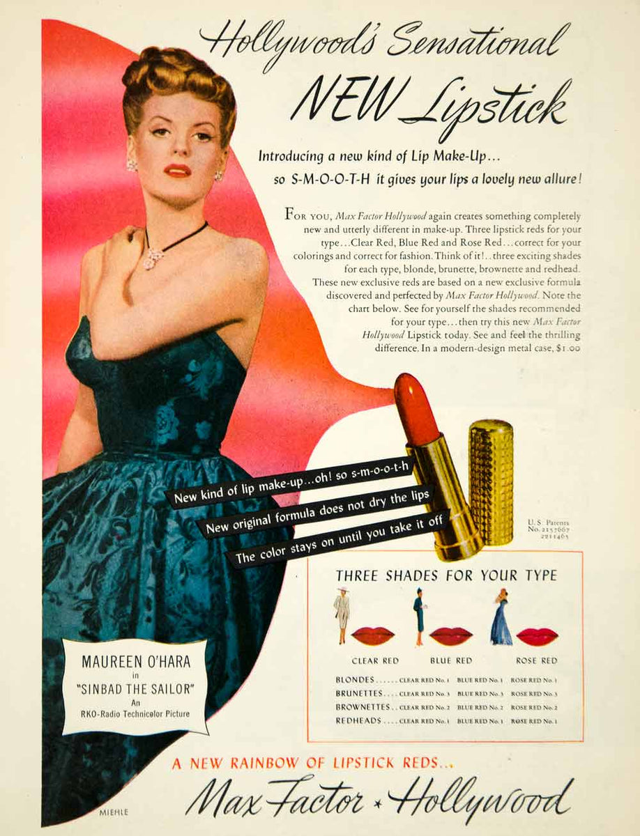 1946 Ad Vintage Red Lipstick Max Factor Hollywood Maureen O'Hara Movie –  Period Paper Historic Art LLC