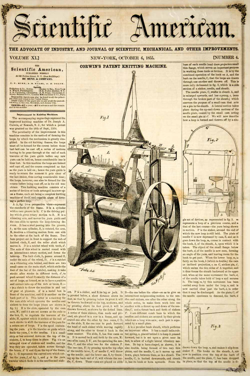 1855 Article Antique Knitting Machine Joseph A. Corwin Invention Machi ...