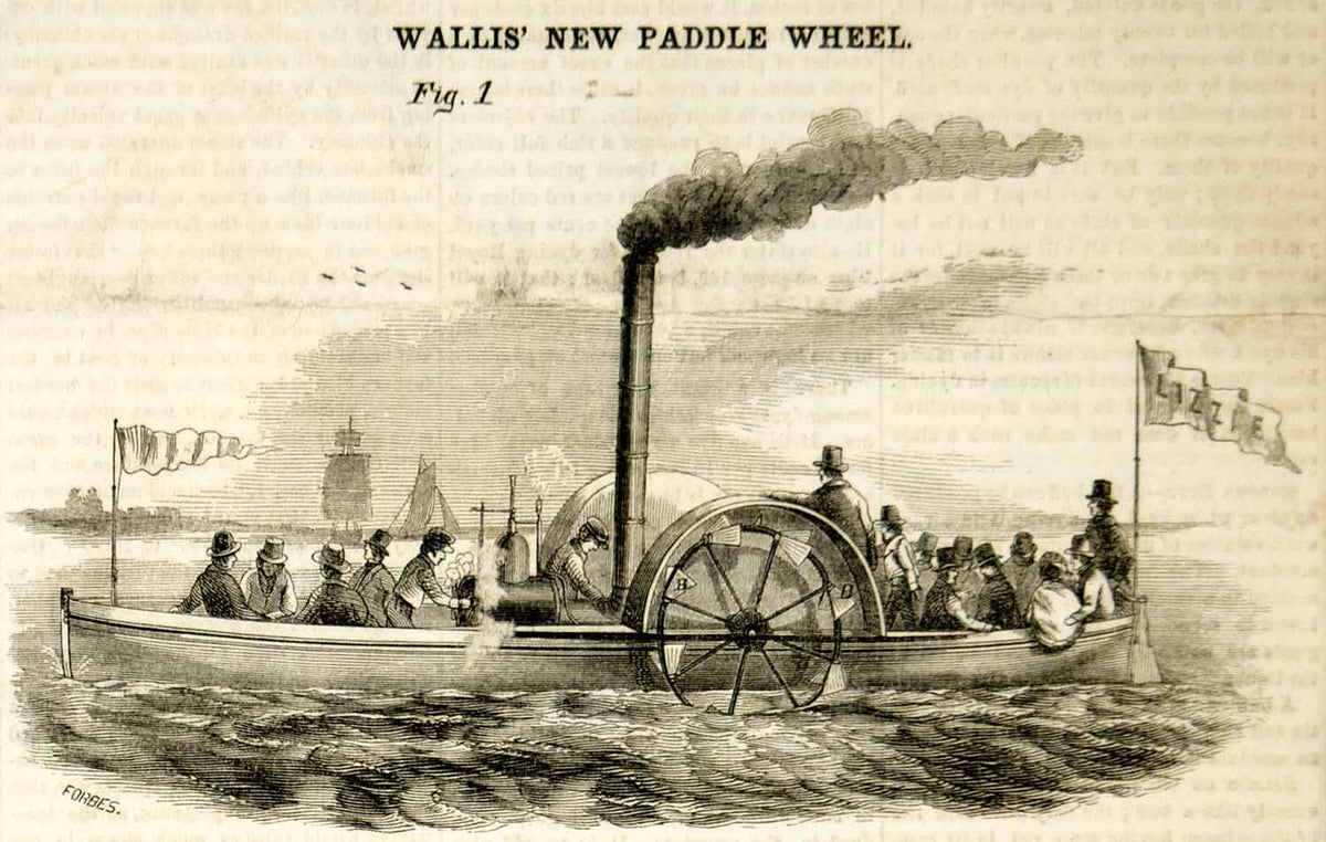 1915年製 STEAMBOAT WAVE BACK 1855 Wood Engraving Paddlewheel Steamer Boat John Upham Wallis