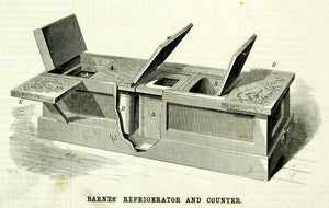 1875 Wood Engraving Barnes Refrigerator Icebox Grocery Counter Invention YSA4