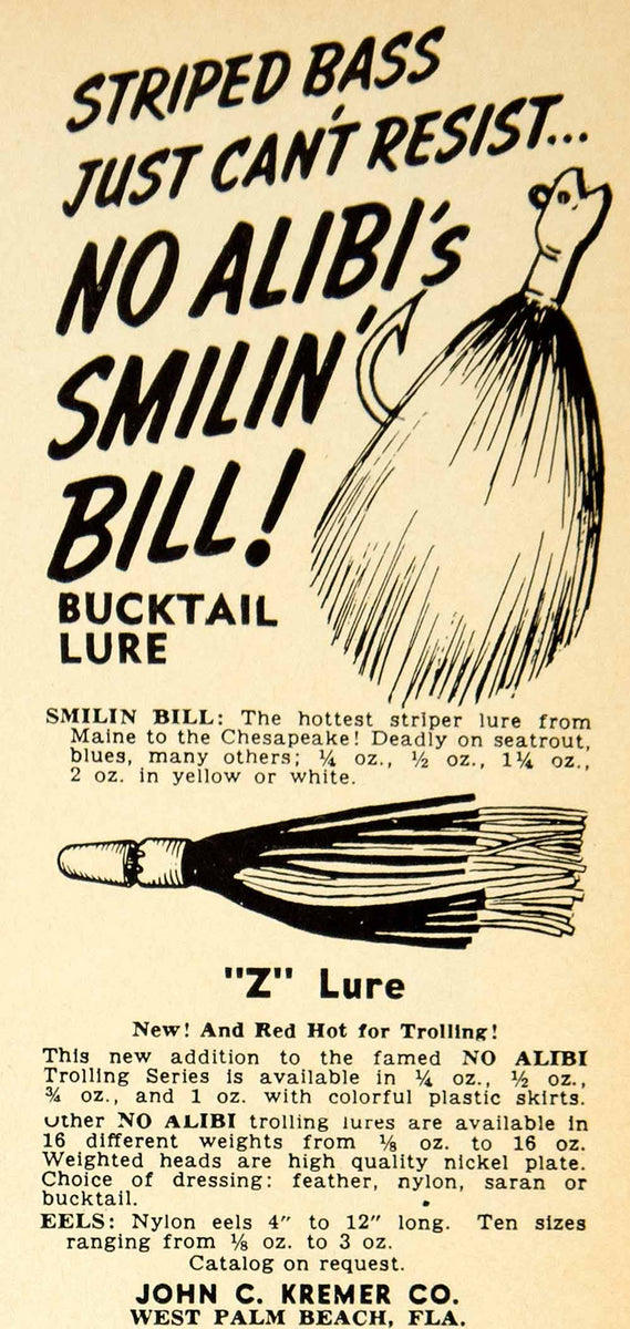 1964 Ad Fishing Lure Striped Bass Smilin Bill Z John C Kremer No