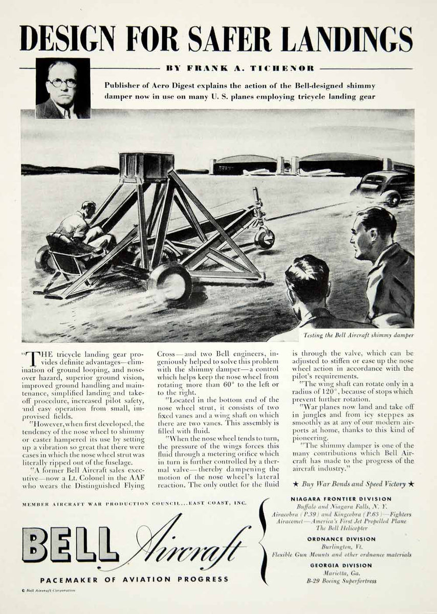 landing gear shimmy 1945 Ad Bell Aircraft Shimmy Damper WWII Aviation Airplane Tricycle La –  Period Paper Historic Art LLC