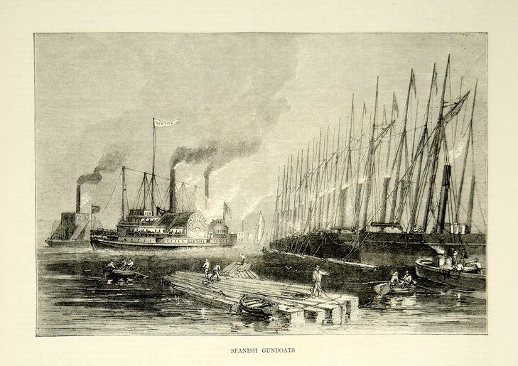 1870 Wood Engraving Art Spanish Gunboats Cuba Caribbean Sea Navy Military YTG1