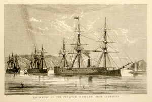 1870 Wood Engraving Franco-Prussian War Ironclad Navy Ships Plymouth YTG1