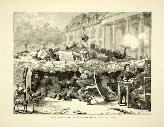 1870 Wood Engraving Franco-Prussian War Barricade Chateau Meudon France YTG1