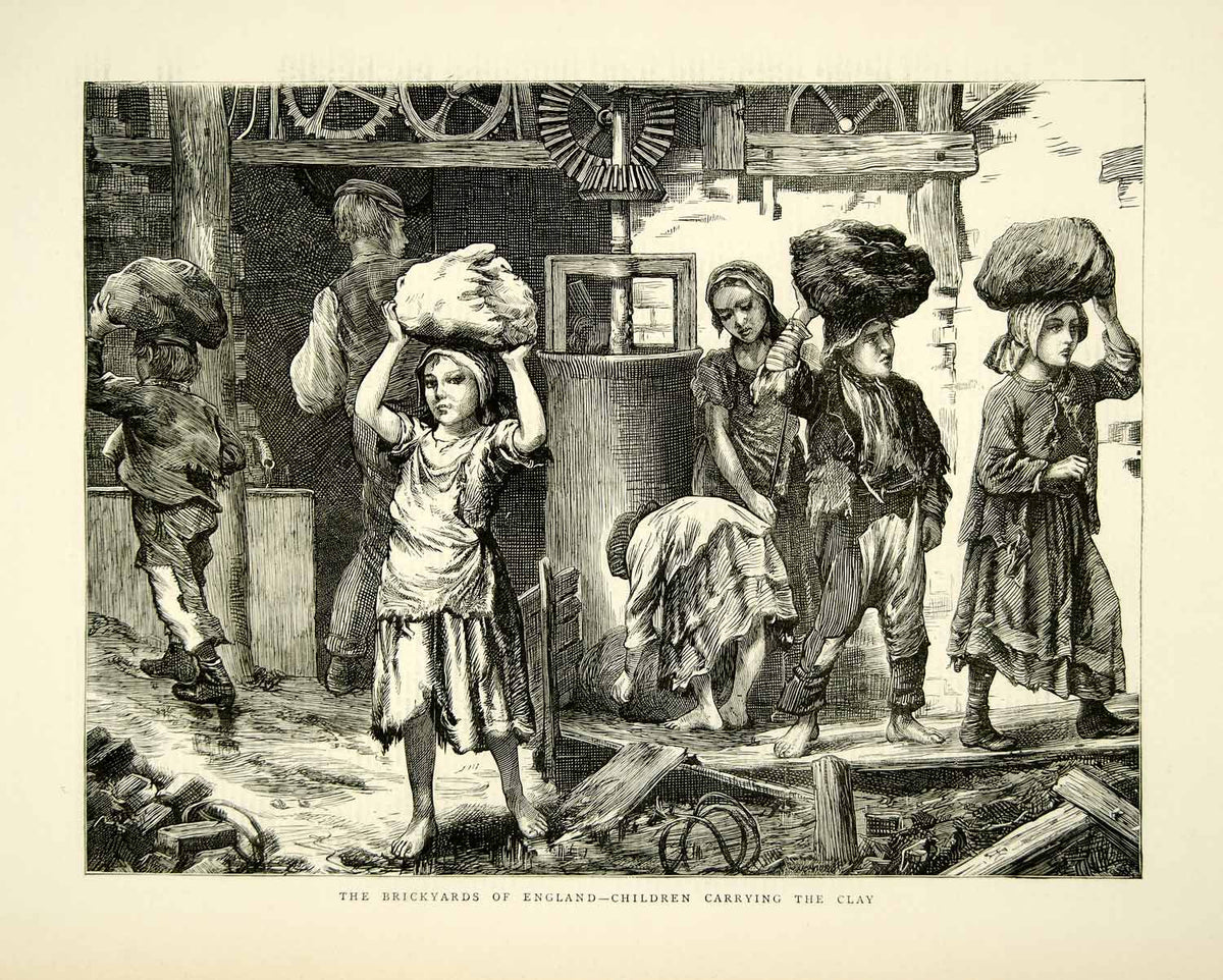 1871 Wood Engraving Art England Brickyard Victorian Children Clay