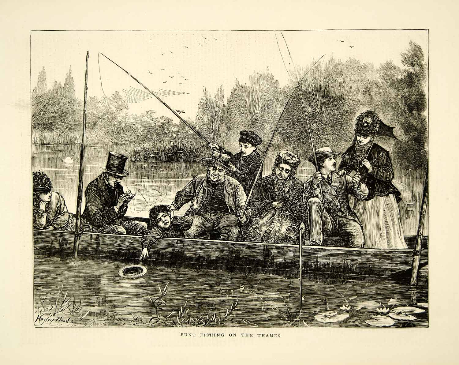 1871 Wood Engraving Art Henry Woods Punt Fishing Thames River England YTG2