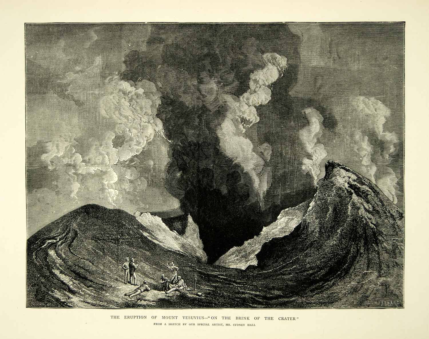1872 Wood Engraving Sydney Hall Art Mt Vesuvius Crater Volcano Eruption YTG4