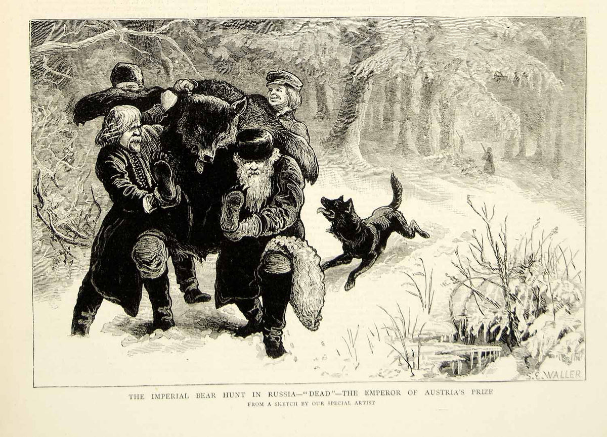 1874 Wood Engraving Samuel E Waller Art Bear Hunt Russia Franz