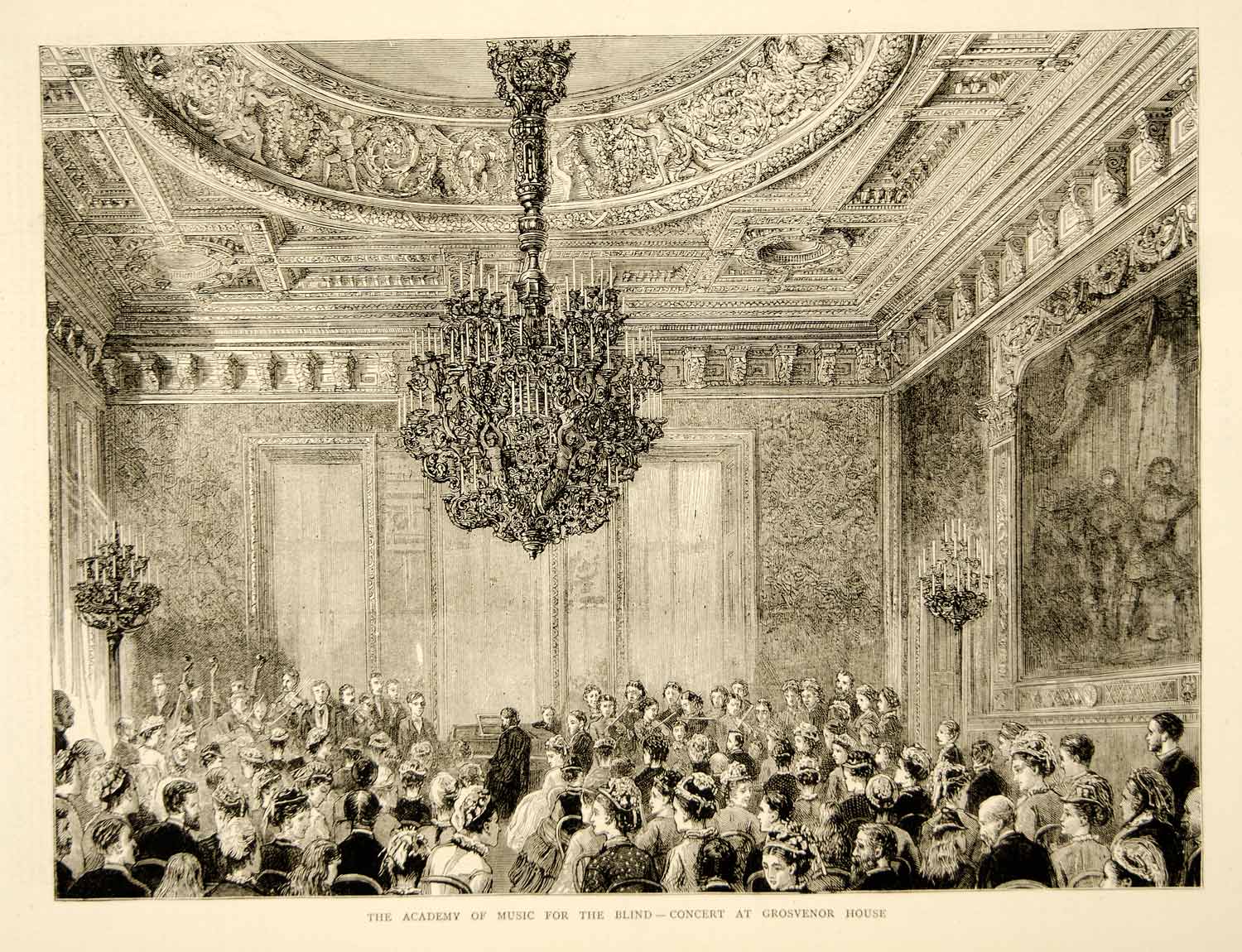 1874 Wood Engraving Royal National College Blind Concert Grosvenor House YTG8