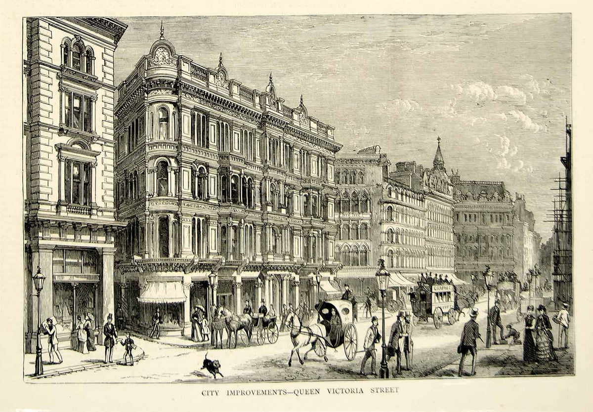 1874 Wood Engraving Art Queen Victoria Street London UK