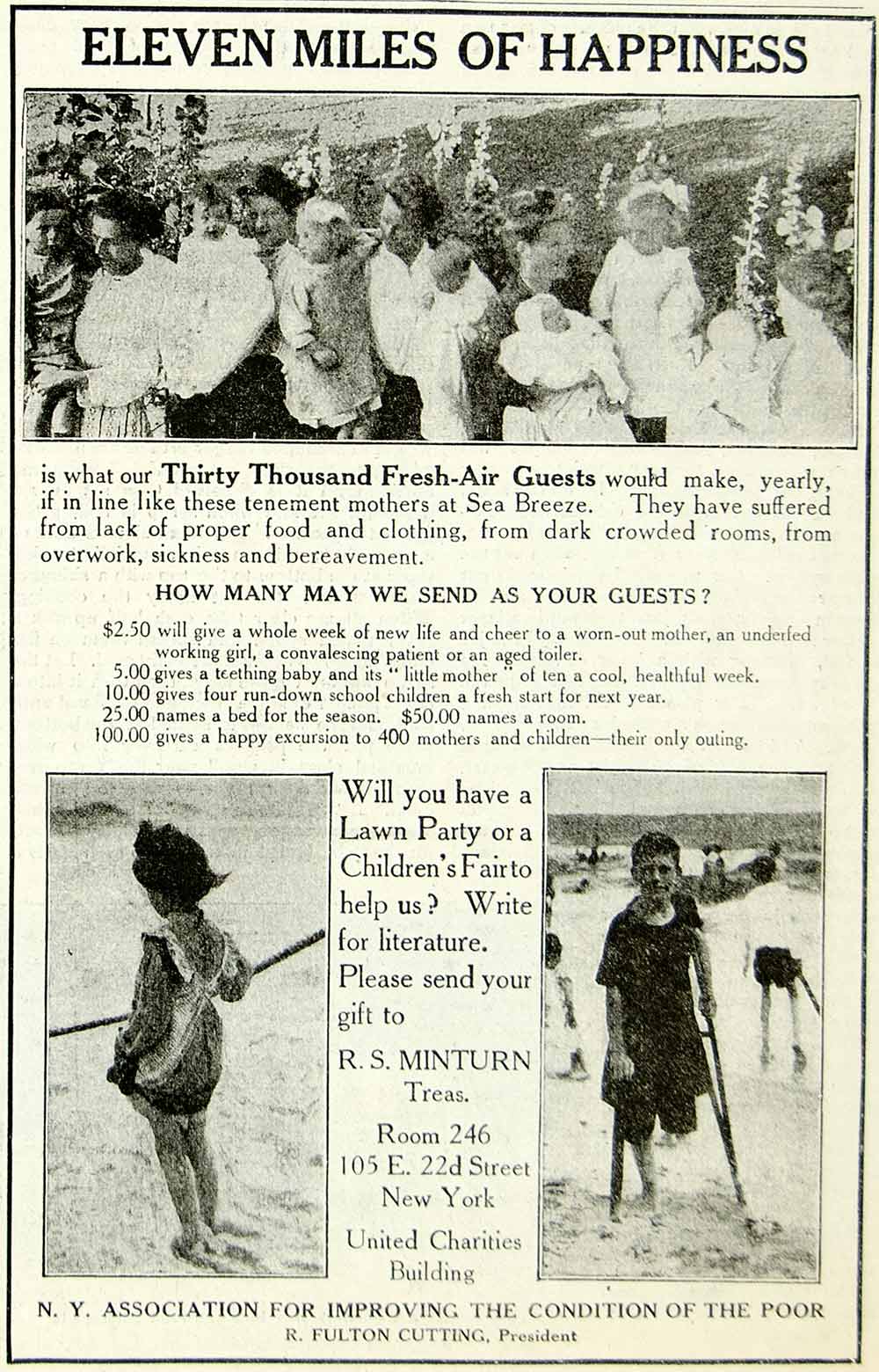 1910 Ad United Charities NY Association Improving Condition Poor Beach 105 YTH2