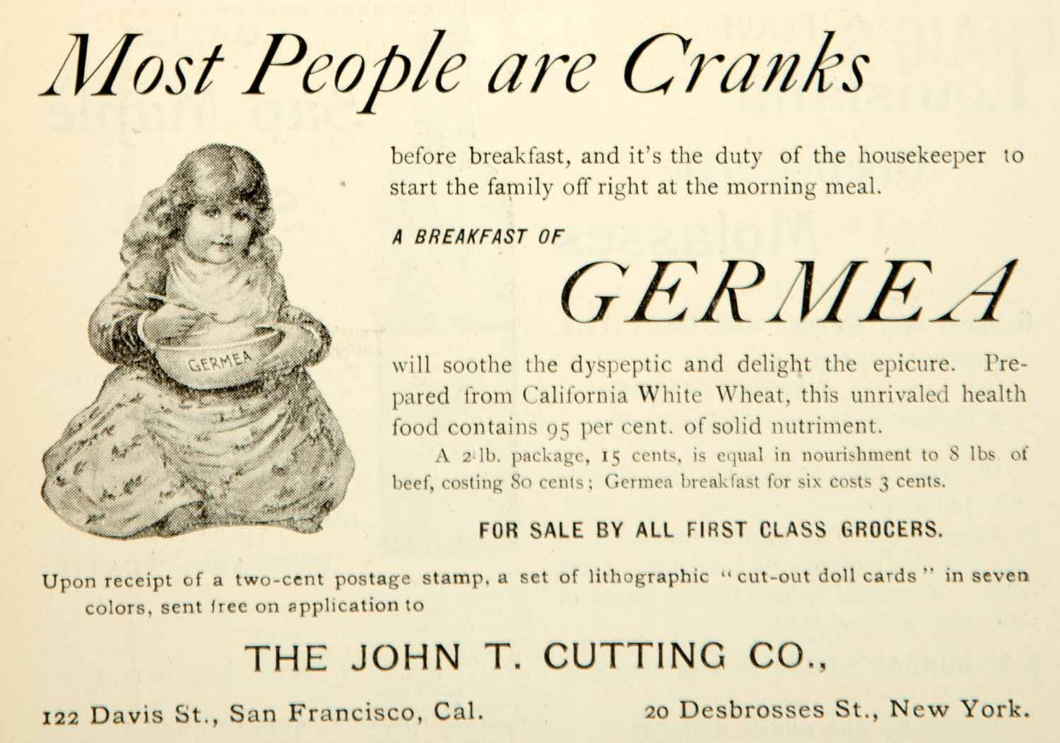 1895 Ad Germea Breakfast Cereal John T Cutting 20 Desbrosses Street NYC YTT2