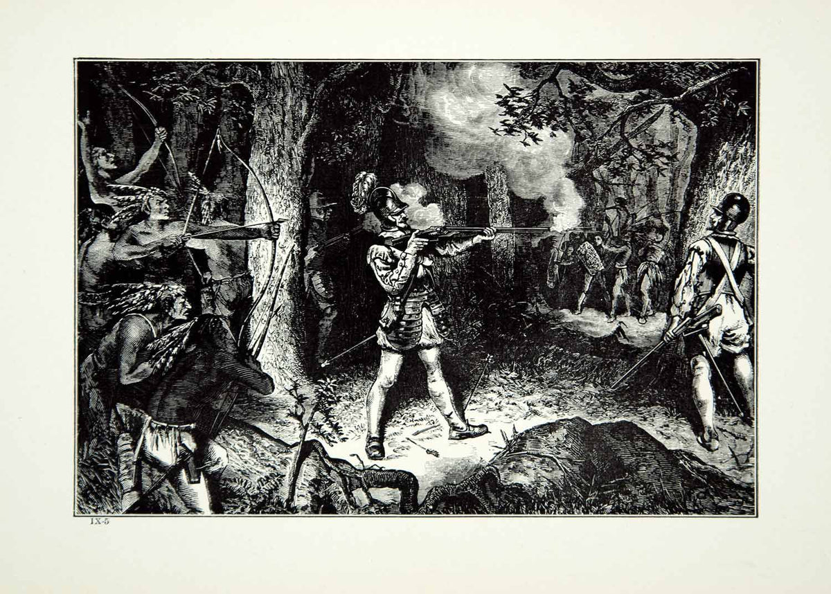 1921 Wood Engraving Samuel Champlain French Explorer Musket Shot