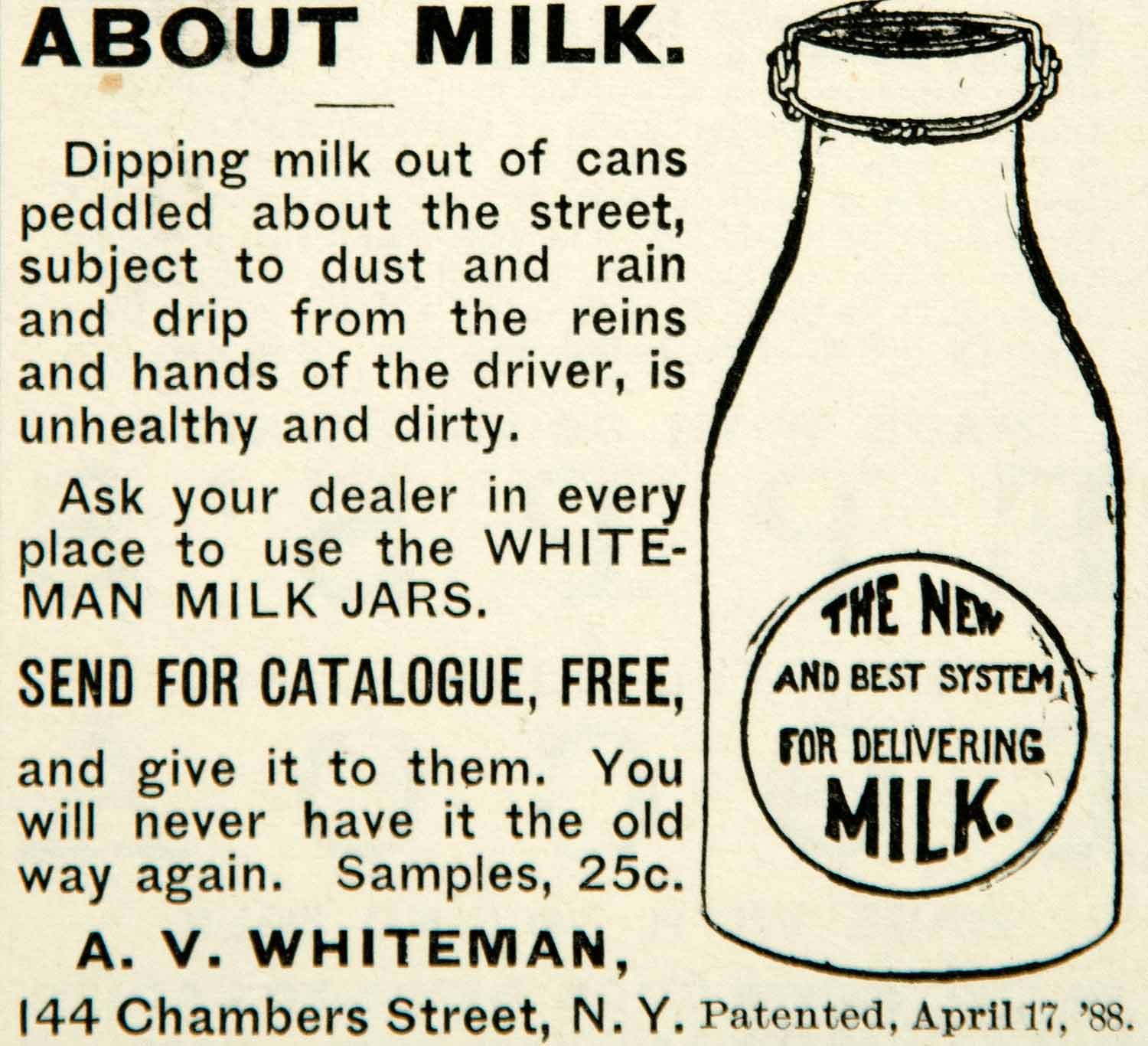 1891 Ad A V Whiteman Milk Jars New York Bottle Drink Beverage Victorian YYC1