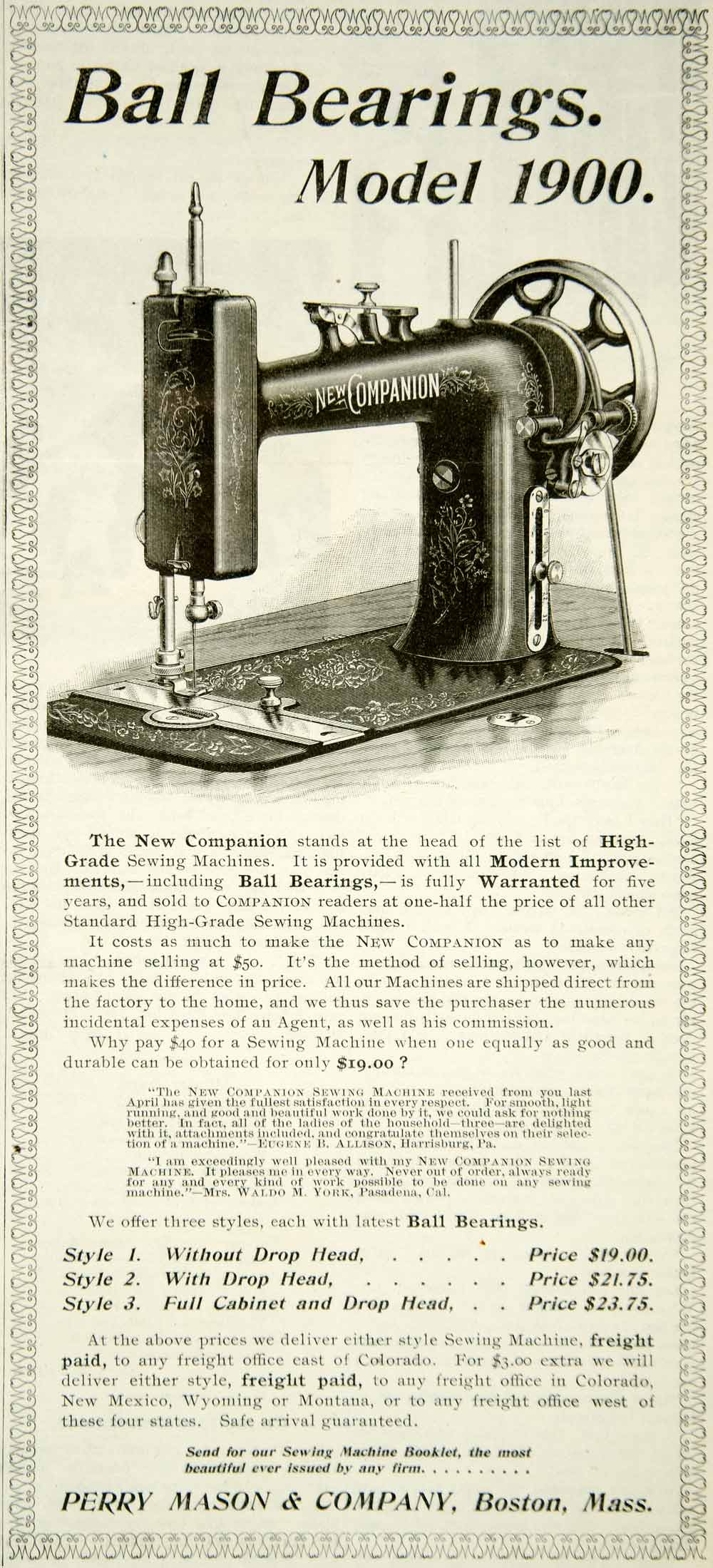 1900 Ad Ball Bearings Model Sewing Machine Perry Mason Boston New Companion YYC2