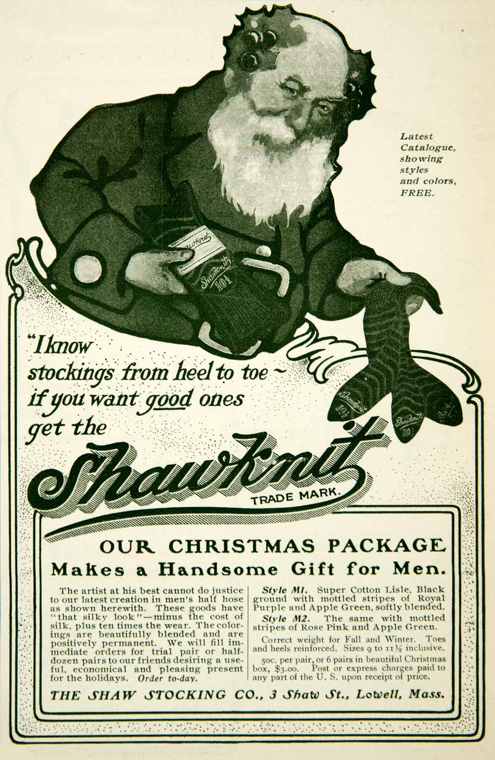 1903 Ad Shawknit Socks Hosiery Shaw Stocking Lowell Santa Gift Fashion YYC2