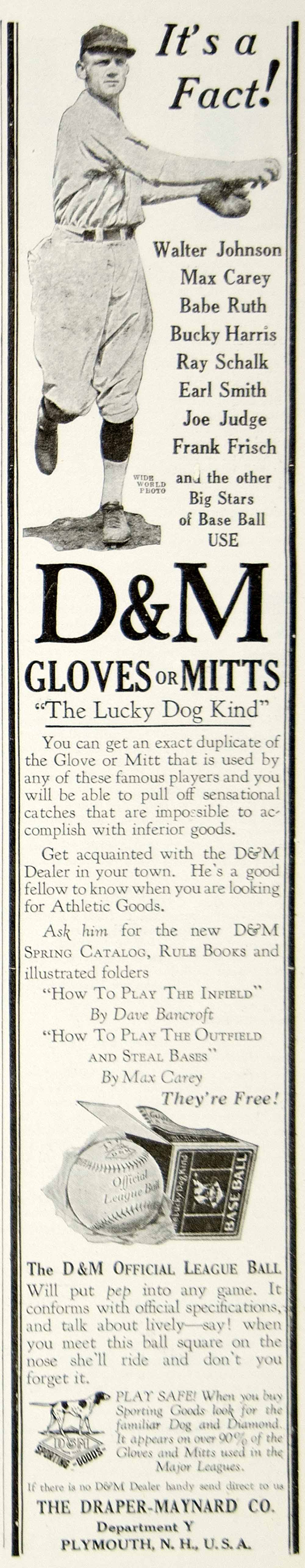 1926 Ad Draper-Maynard Baseball Glove Mitt Max Carey MLB Brooklyn Robins YYC6